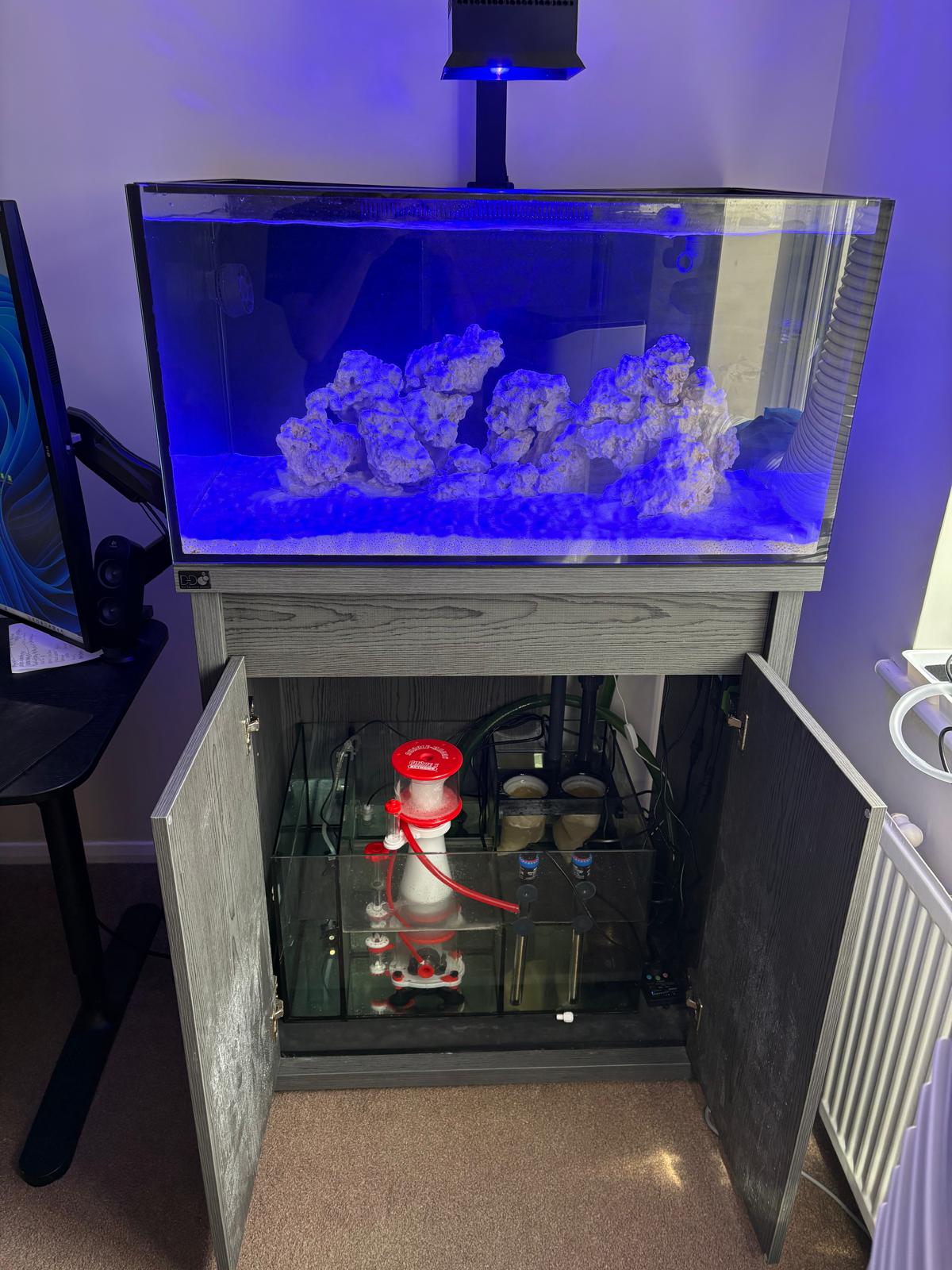 The D-D Reef-Pro 900 with both cabinet doors open, showing the sump and installed reef equipment